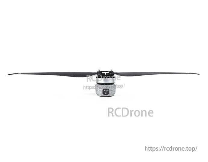 T-Motor long black drone propeller attached to a brushless motor hub on a white background