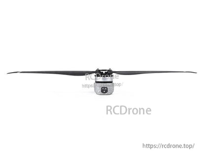 T-Motor long black drone propeller attached to a brushless motor hub on a white background