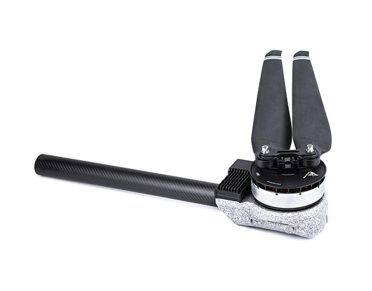 T-Motor brushless drone motor mounted on a carbon fiber arm with a two-blade propeller attached
