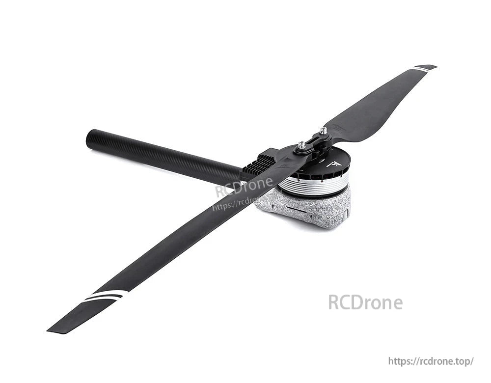 T-Motor two-blade carbon fiber drone propeller with hub mount, black blades with white tip stripes