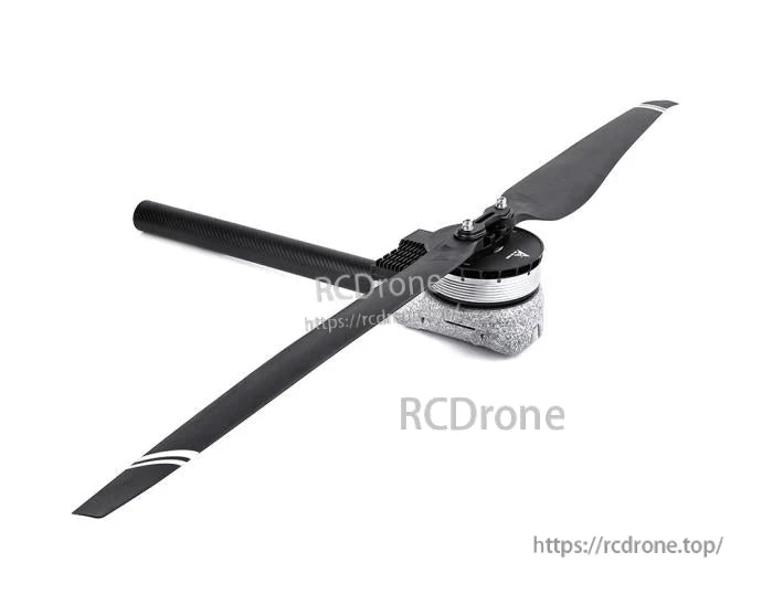 T-Motor brushless drone motor with two-blade carbon fiber propeller mounted, shown on foam block