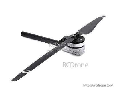 T-Motor brushless drone motor with two-blade carbon fiber propeller mounted, shown on foam block