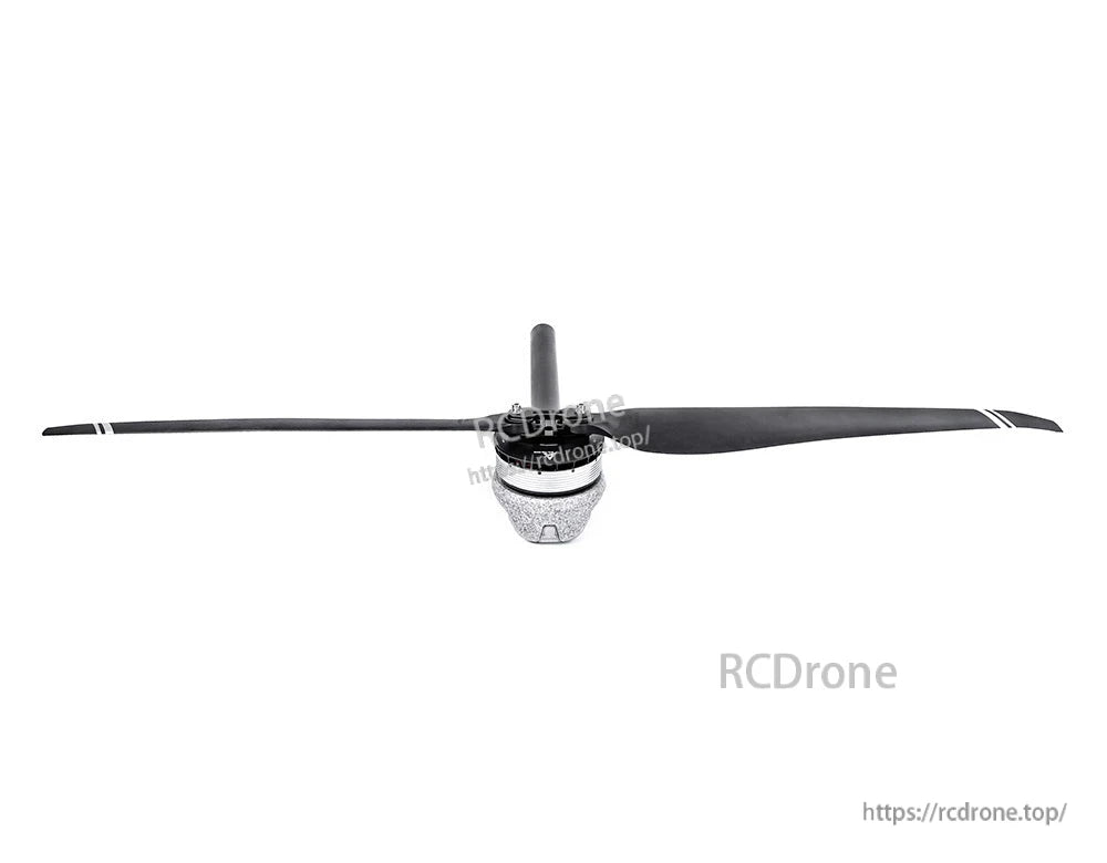T-Motor black propeller with silver hub and long blades featuring white tip stripes