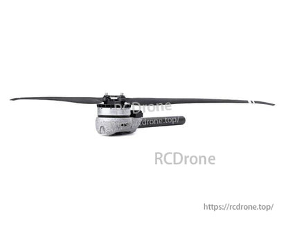 T-Motor brushless drone motor with long black two-blade propeller, side view on white background