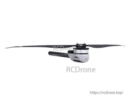 T-Motor brushless drone motor with a mounted two-blade propeller, side view on a white background