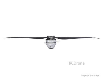 T-Motor brushless drone motor with long black propeller mounted, front view on white background