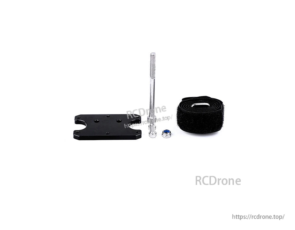 T-Motor mounting hardware set with black metal plate, threaded standoff, locknut, and hook-and-loop strap