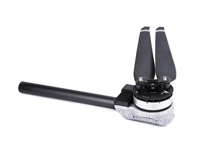 T-Motor brushless drone motor with folding propeller mounted on a carbon fiber boom arm