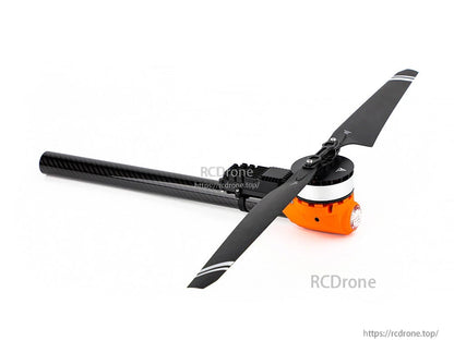 T-Motor brushless drone motor on carbon-fiber arm with two-blade propeller and orange housing