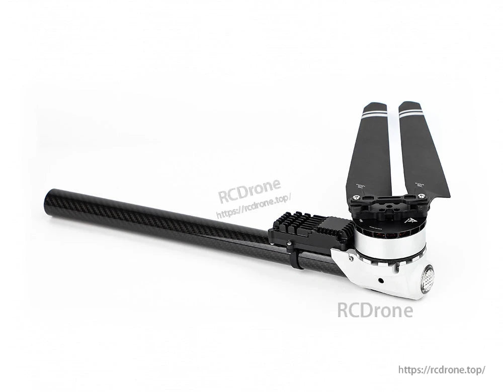 T-Motor drone arm assembly with carbon fiber tube, end-mounted motor, and black folding propeller blades