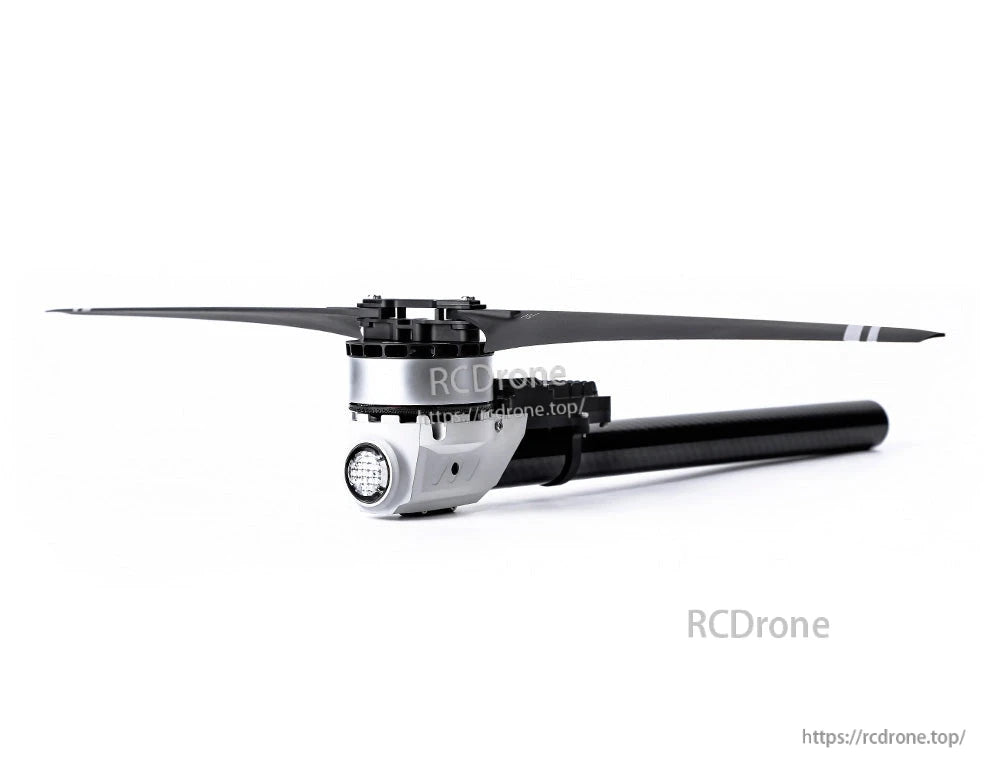 T-Motor drone motor with two-blade propeller mounted on a carbon-fiber arm, featuring a round LED light housing