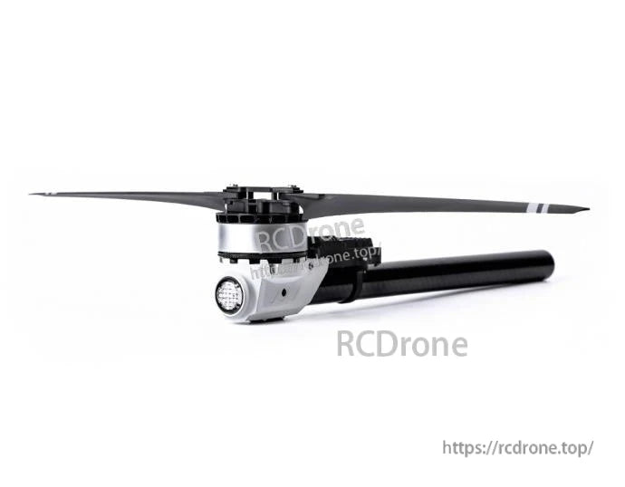 T-Motor brushless drone motor with propeller mounted on a carbon fiber arm, close-up view
