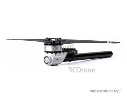 T-Motor brushless drone motor with propeller mounted on a carbon fiber arm, close-up view
