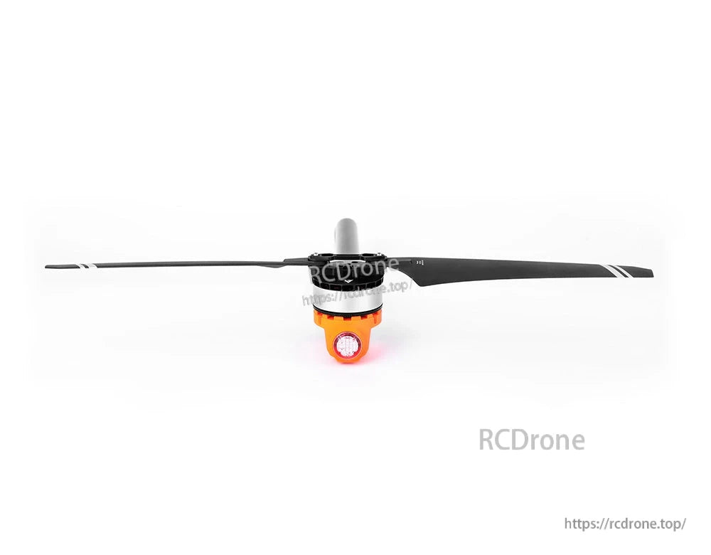T-Motor brushless drone motor with black propeller and orange base, front view on white background
