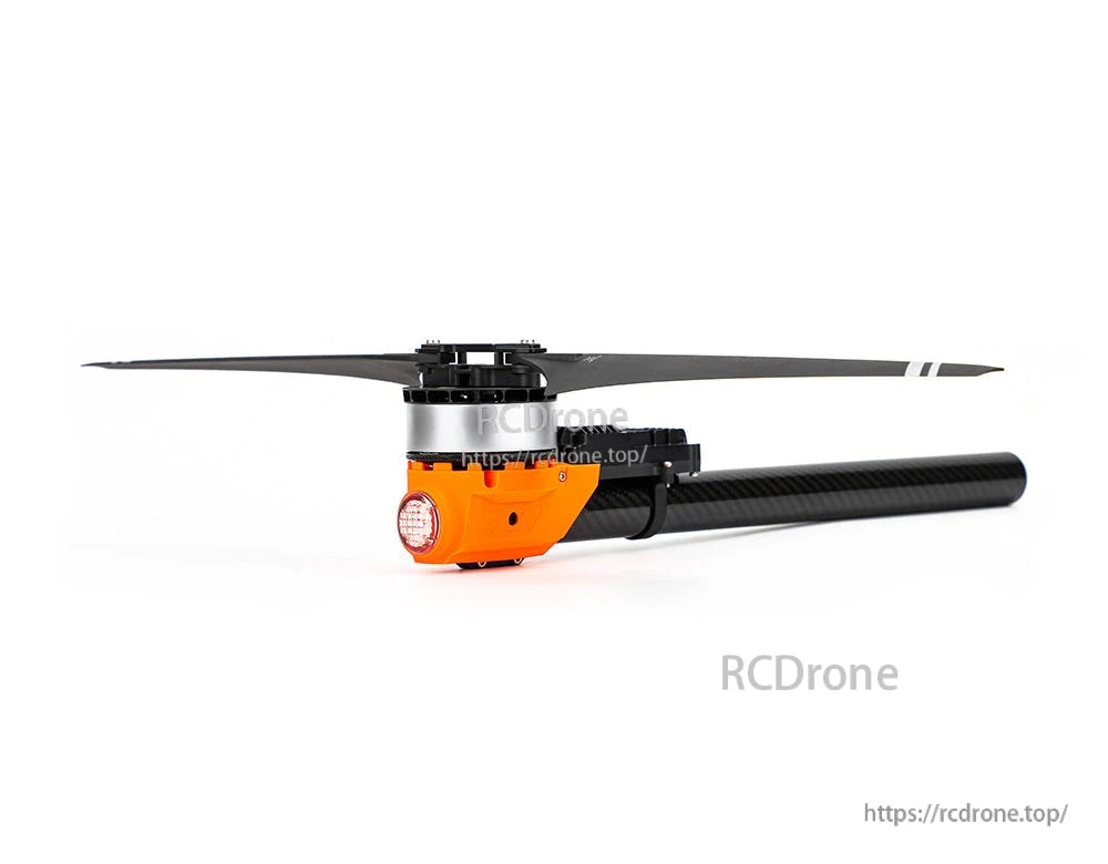 T-Motor drone arm with orange motor mount, carbon fiber tube, and black propeller attached