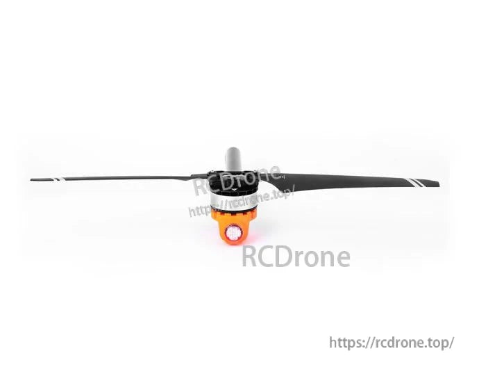 T-Motor brushless drone motor with long black propeller and orange mounting base, front view