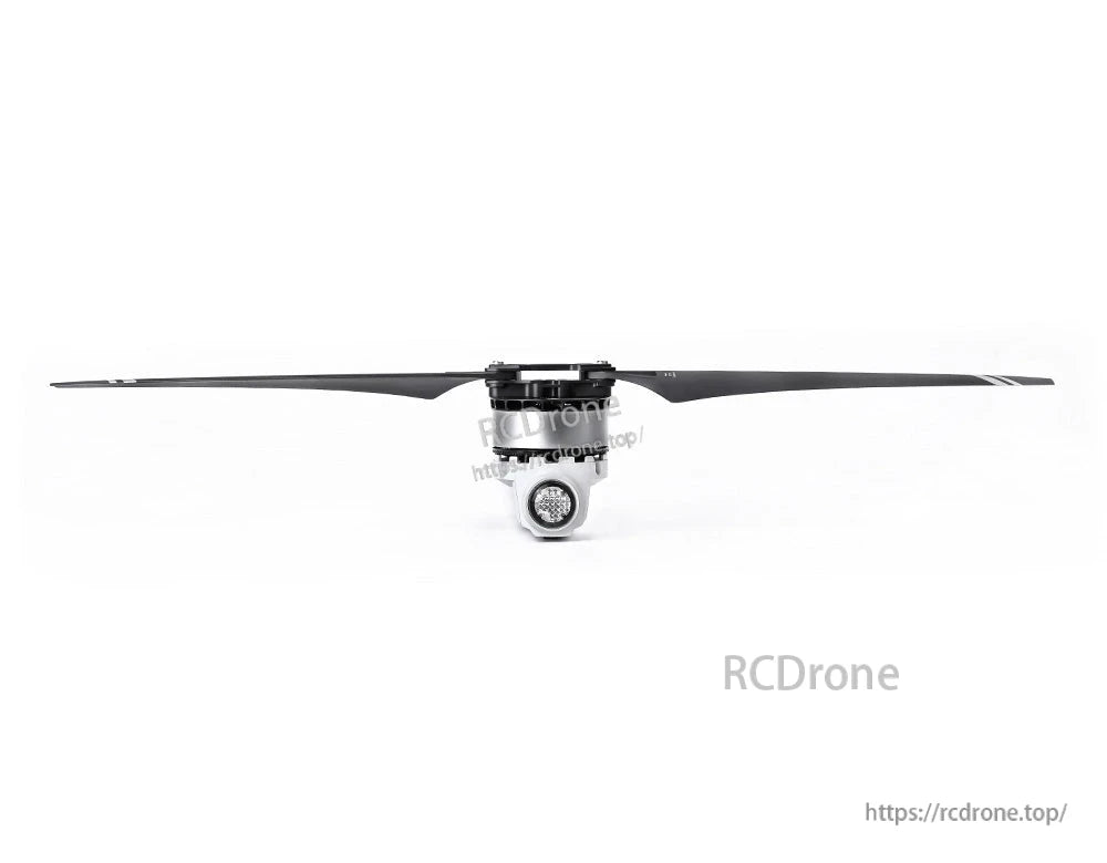 T-Motor drone motor assembly with installed two-blade propeller, front view on white background