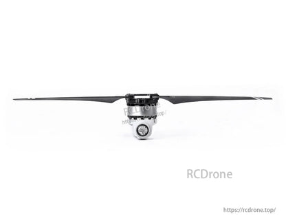 T-Motor drone motor assembly with installed two-blade propeller, front view on white background