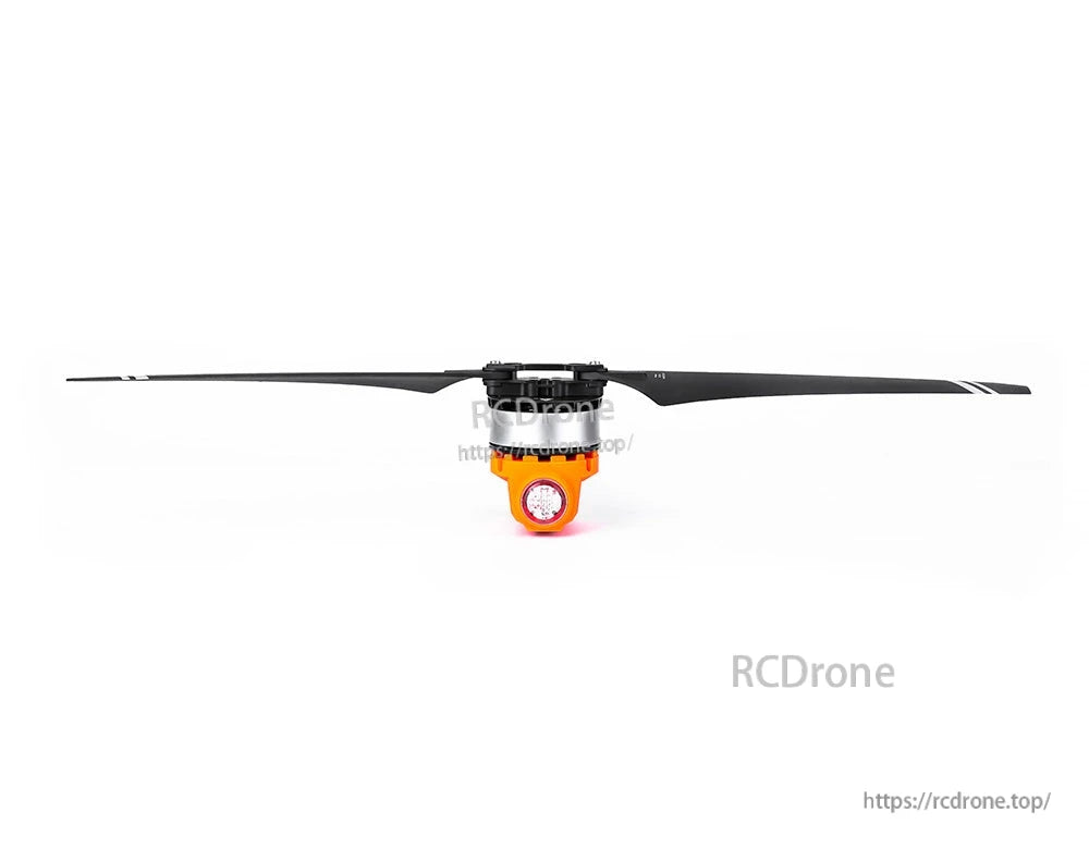 T-Motor drone propeller with two black blades and a central hub on an orange motor mount