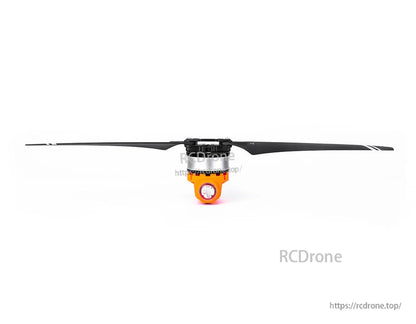 T-Motor drone propeller with two black blades and a central hub on an orange motor mount