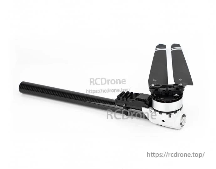 T-Motor folding propeller motor assembly mounted on a carbon fiber tube boom, with two-blade folding propeller