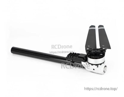 T-Motor folding propeller motor assembly mounted on a carbon fiber tube boom, with two-blade folding propeller