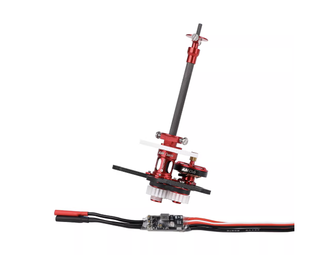 T-Motor brushless motor assembly with red mount, carbon fiber boom, small propeller, and wired ESC