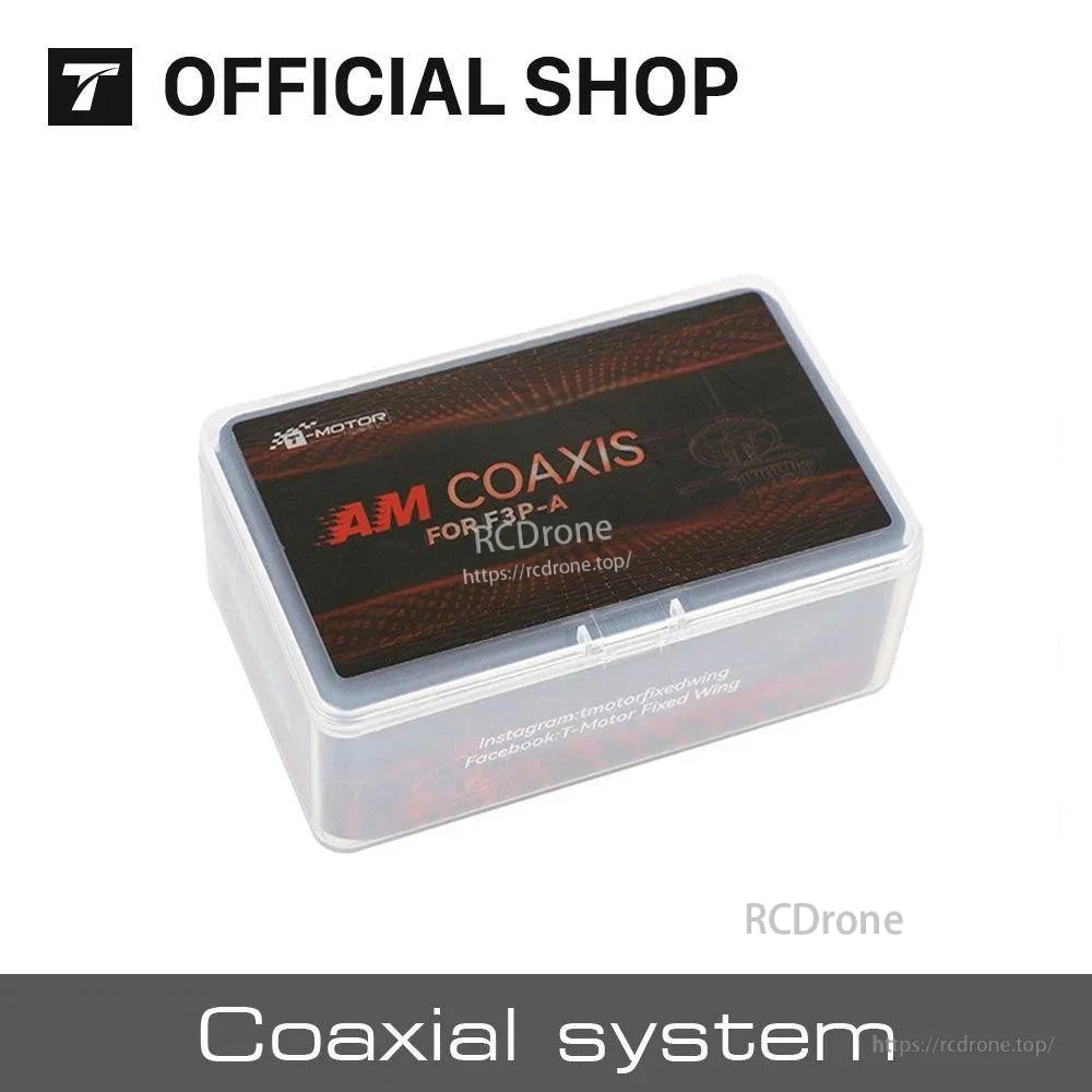 T-Motor AM COAXIS coaxial system for F3P-A in a clear plastic storage box with branded label