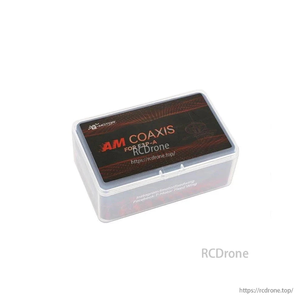 T-Motor AM COAXIS for E3P-A RCDrone kit in a clear plastic storage case with labeled lid