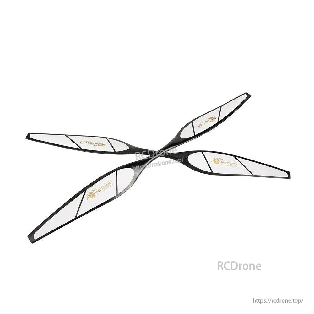 T-Motor four-blade drone propeller in black and white with T-Motor logos on each blade