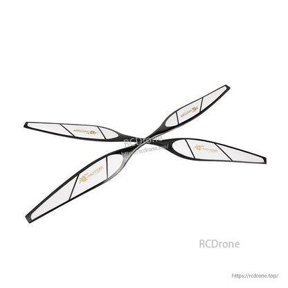 T-Motor four-blade drone propeller in black and white with T-Motor logos on each blade