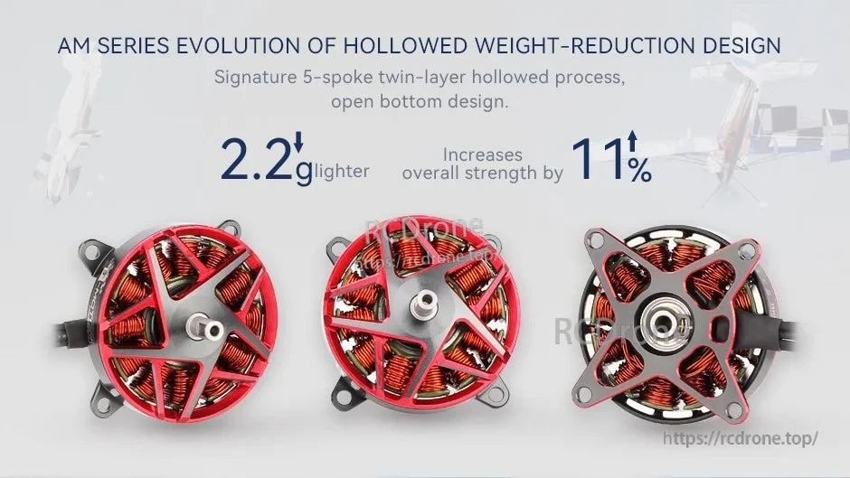 T-Motor AM series drone motors with hollowed 5-spoke red rotor and open-bottom weight-reduction design