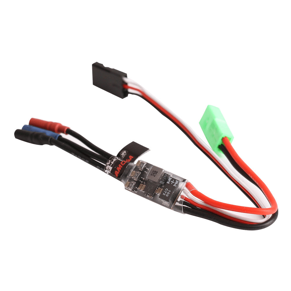 T-Motor AM06A F3P-A 1-2S Brushless ESC, T-Motor AM06A brushless ESC with heat-shrinked board, bullet motor connectors, and red/black power leads
