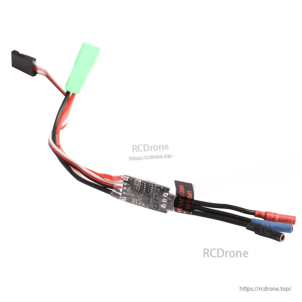T-Motor AM06A F3P-A 1-2S Brushless ESC, T-Motor AM06A brushless ESC with heatshrink-wrapped inline board, servo plug lead, and motor bullet connectors