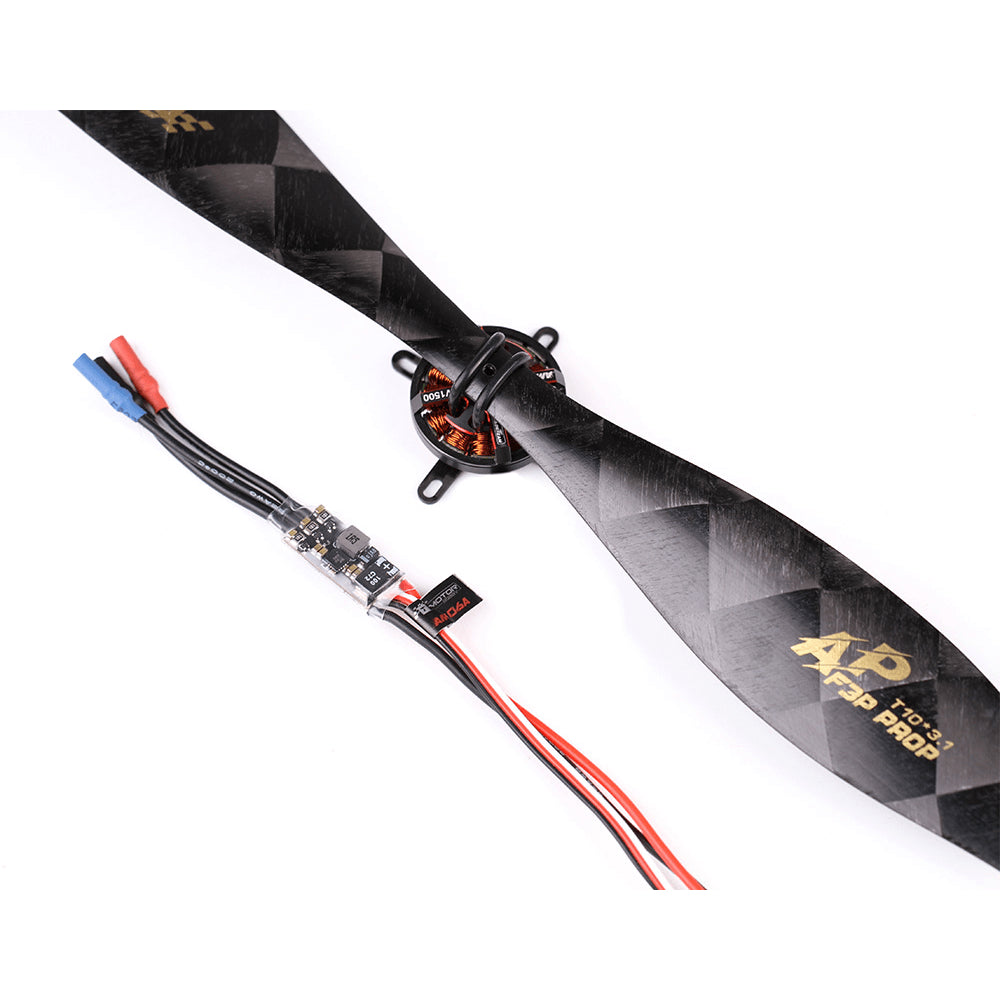 T-Motor AM06A F3P-A 1-2S Brushless ESC, T-Motor AM06A inline brushless ESC wired to a motor and carbon propeller, with pre-soldered leads and connectors