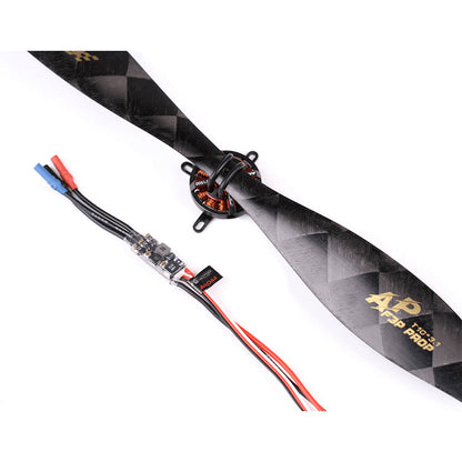 T-Motor AM06A F3P-A 1-2S Brushless ESC, T-Motor AM06A inline brushless ESC wired to a motor and carbon propeller, with pre-soldered leads and connectors