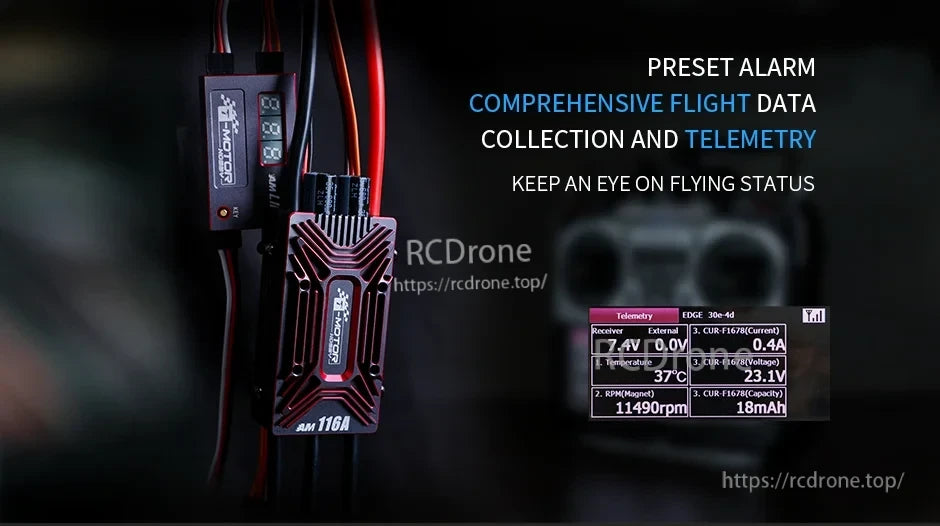 T-Motor AM116A ESC module with digital readout and telemetry display showing voltage, temperature and RPM data