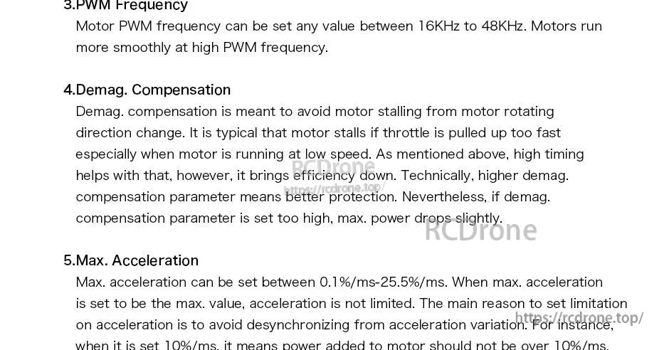 T-Motor AM16A ESC settings page showing PWM frequency 16–48 kHz, demag compensation, and max acceleration options
