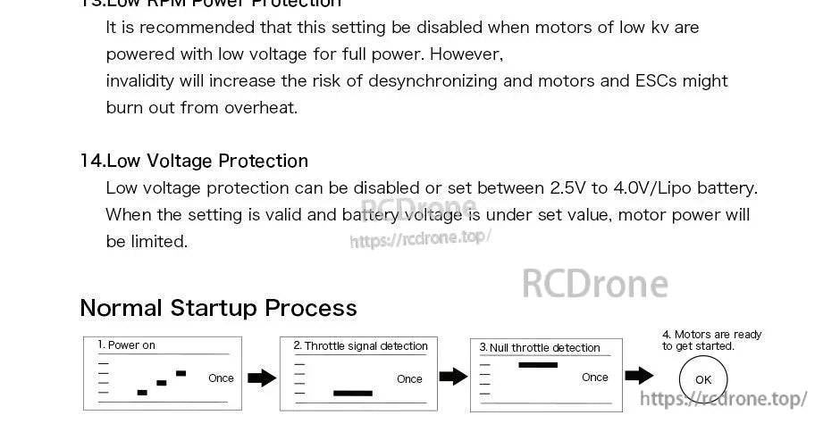 T-Motor AM16A ESC manual page with low-voltage protection notes and normal startup process flow diagram