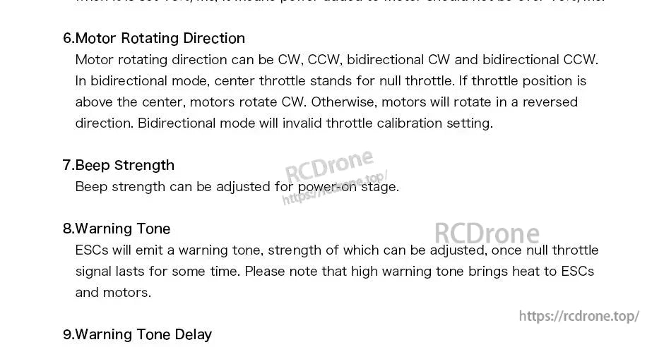 T-Motor AM16A ESC manual page detailing motor direction modes and adjustable beep strength and warning tone settings