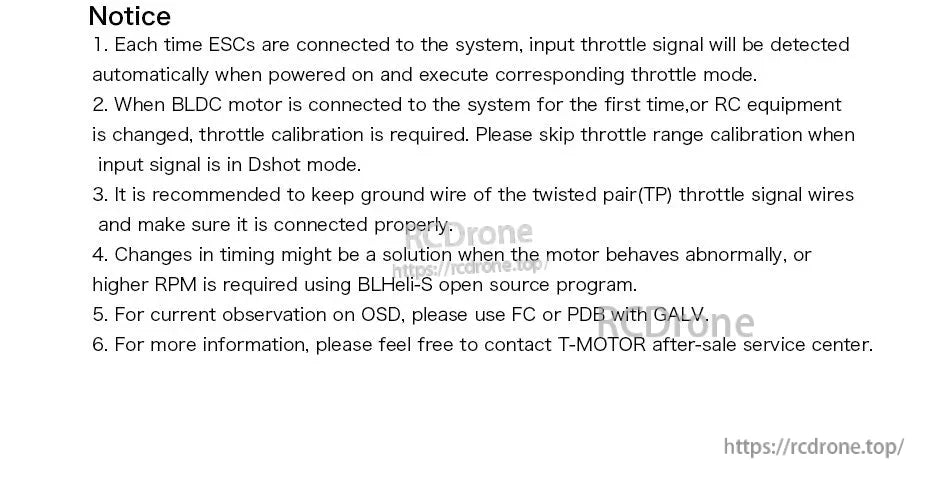 T-Motor AM16A ESC, Notice sheet with T-Motor ESC setup notes on throttle signal detection, calibration, Dshot mode, and BLHeli-S timing