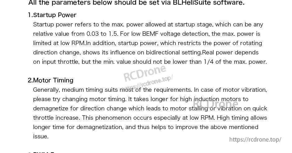 Manual excerpt for T-Motor AM16A ESC BLHeliSuite settings, describing Startup Power and Motor Timing parameters