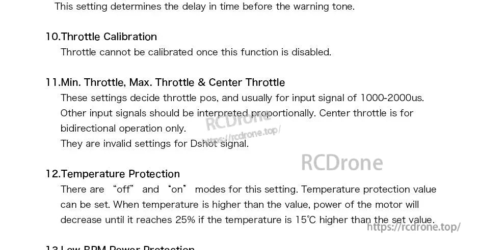 Excerpt from T-Motor AM16A ESC manual showing throttle calibration, throttle range settings, and temperature protection