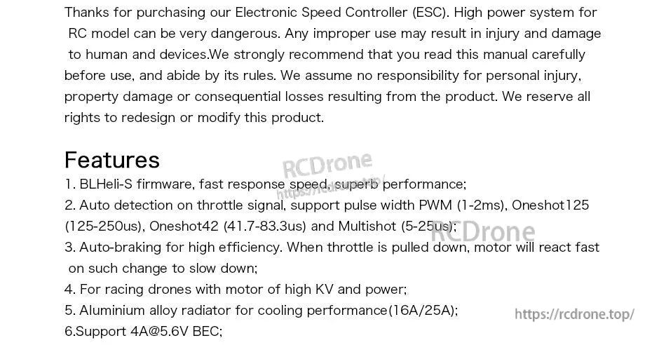 T-Motor AM16A ESC manual features list showing BLHeli-S firmware, PWM/Oneshot/Multishot support, and 4A 5.6V BEC