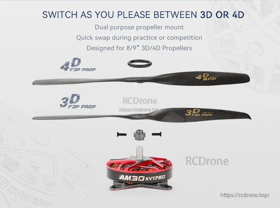 T-Motor AM20 KV1750 motor with dual-purpose mount and 3D/4D F3P prop options for 8ā9 inch props