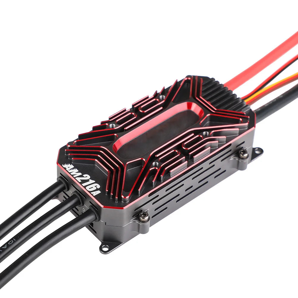 T-Motor AM216A fixed wing ESC with black and red finned heatsink case and attached power and motor wires