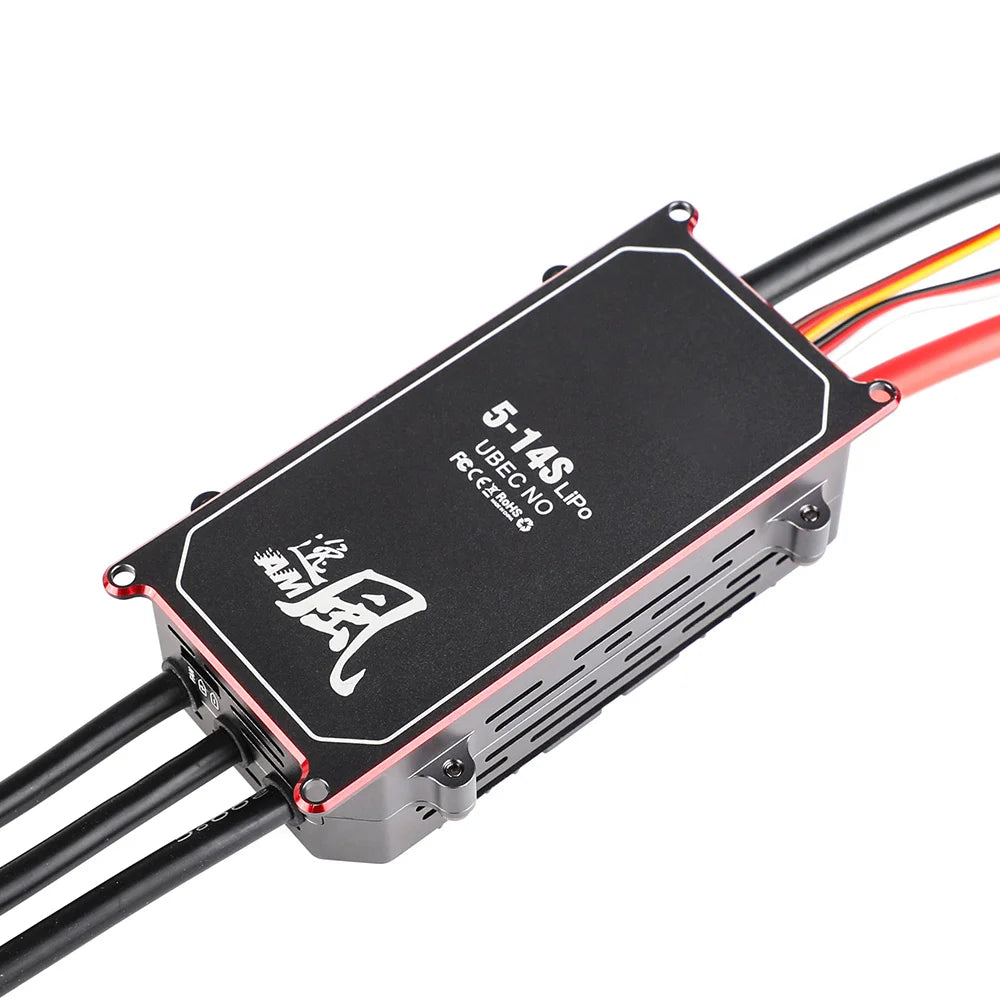 T-Motor AM216A Fixed Wing ESC, T-Motor fixed wing ESC in aluminum case with 5–14S LiPo labeling and attached power and signal wires