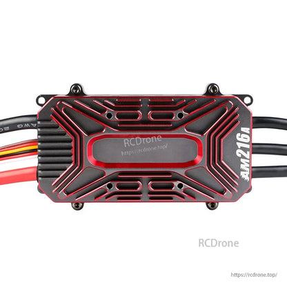 T-Motor AM216A fixed wing ESC with red and black CNC aluminum heatsink case and attached power leads