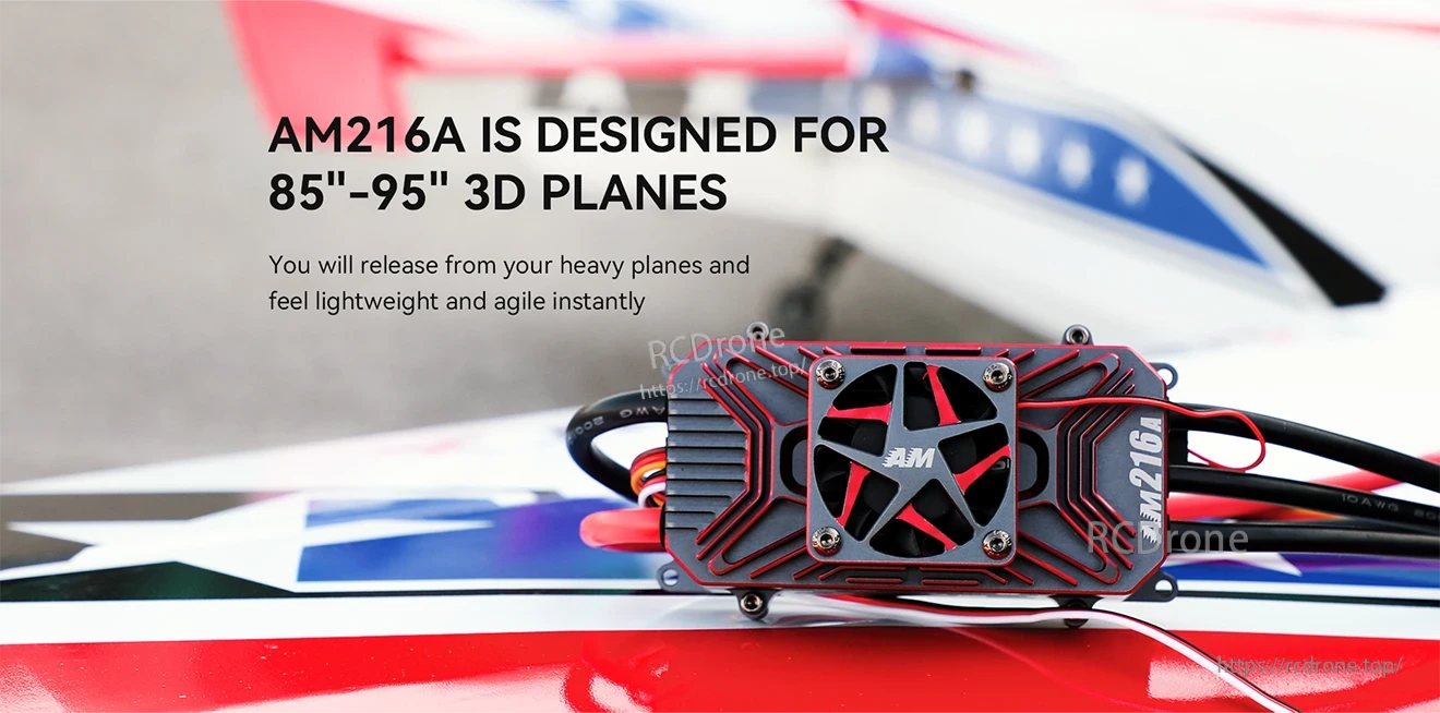 T-Motor AM216A fixed wing ESC with cooling fan and wiring, designed for 85–95 inch 3D planes