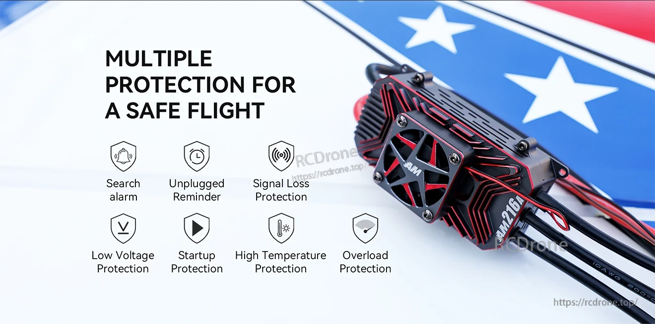 T-Motor AM216A Fixed Wing ESC, T-Motor AM216A fixed-wing ESC with black and red heatsink housing and listed protection features